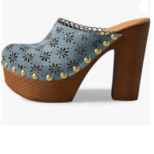 FOWT Light Blue Studded Round Toe Floral Cut Out Platform Chunky Heel Sandals